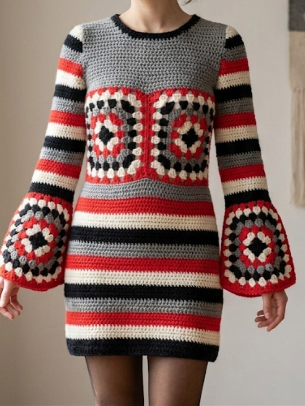 Striped Crochet Dress with Flared Sleeves